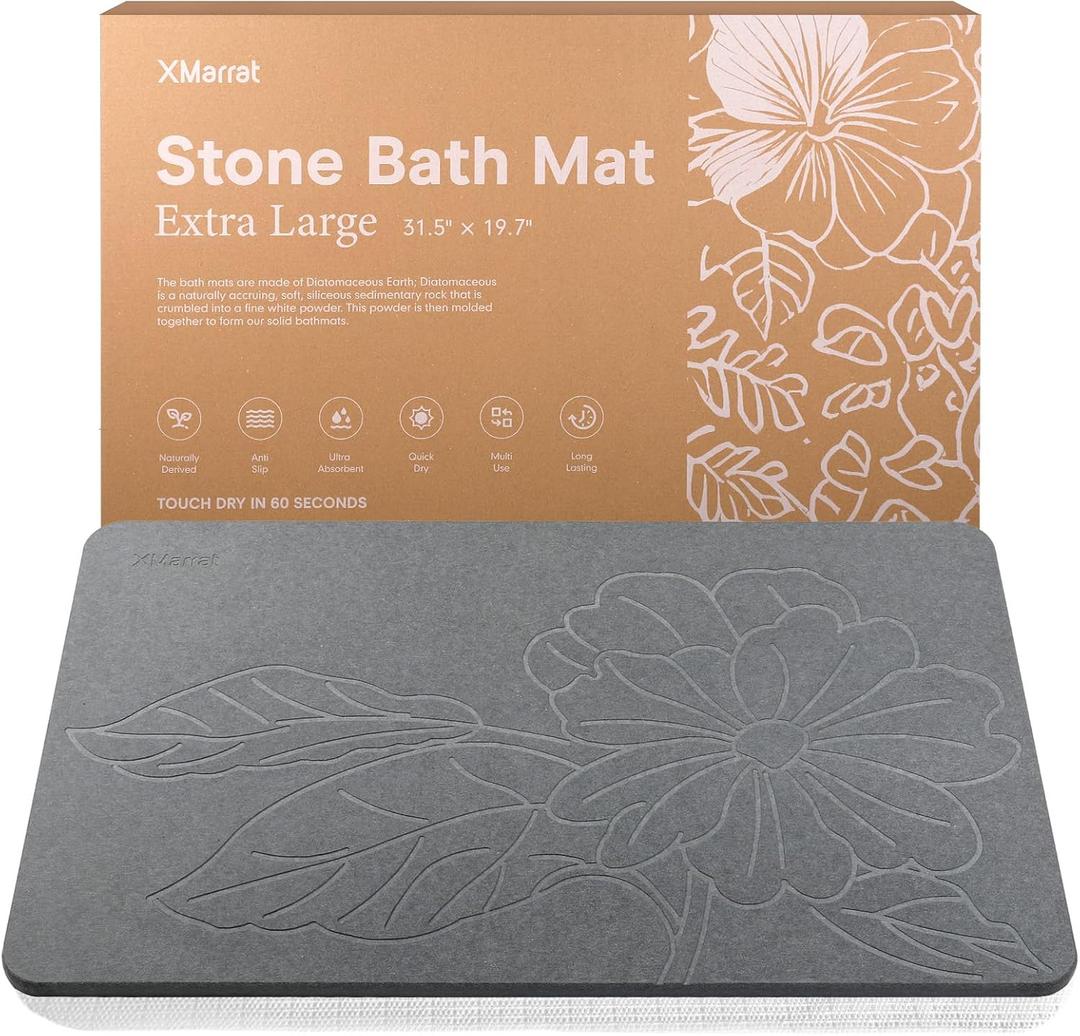 XMarrat Extra Large Stone Bath Mat Large, 31.5'' x 19.7'' Diatomaceous Earth Non-Slip Stone Shower Mat, Super Absorbent Diatomite Stone Mats for Bathroom, Quick Drying, Easy to Clean (Dark Gray)