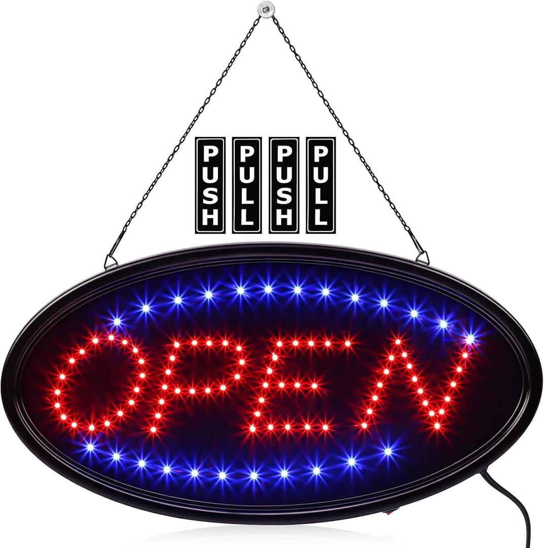 Kanayu 3 Pcs Open LED Neon Sign and Push Pull Stickers Sign Set 19 x 10 Inch Open Electronic Advertisement Display 5 x 2 Inch Vinyl Push Pull Vertical Decal Self Adhesive for Shop Bar