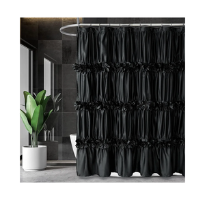 Black Ruffle Shower Curtain, Vintage Handcrafted Bow Tie Bath Curtain for Master Bathroom, Ruched Satin Bathroom Curtain with 12 Buttonholes, 72" W x 72" H (LQ-10)