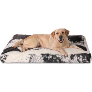 Bedfolks Waterproof Kennel Pad,Plush Dog Crate Bed with Removable, Washable Faux Fur Cover for Extra Large Dogs, Fluffy - 41"x27", Black-White Cowhide