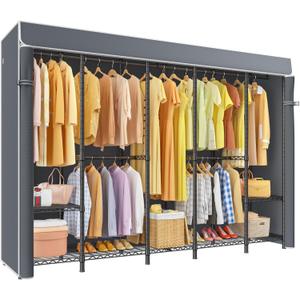 ULIFHOME H50C Extra Large Clothes Rack with Cover, Freestanding Portable Closet, Covered Clothing Racks for Hanging Clothes, Heavy Duty Garment Rack, Wardrobe Closet with Gray Cover Max Load 1350 Lbs