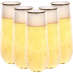 TT 48 Pack 9 oz Plastic Champagne Flutes - Disposable Stemless Glasses with Gold Rim, Shatterproof Clear Cups for Weddings, Parties, Celebrations (Bulk Toasting Drinkware)