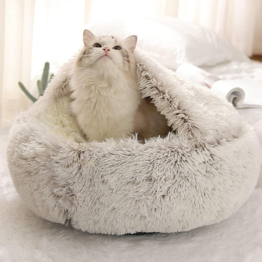Cat Beds for Indoor Cats,Cat Cave for Puppy and Kitty,Calming Small Dog Bed for Small Dogs with Cover Cave,Cozy Warming Fluffy Washable Anti-Slip Pet Sleeping Bag(20 * 20inch,Beige)