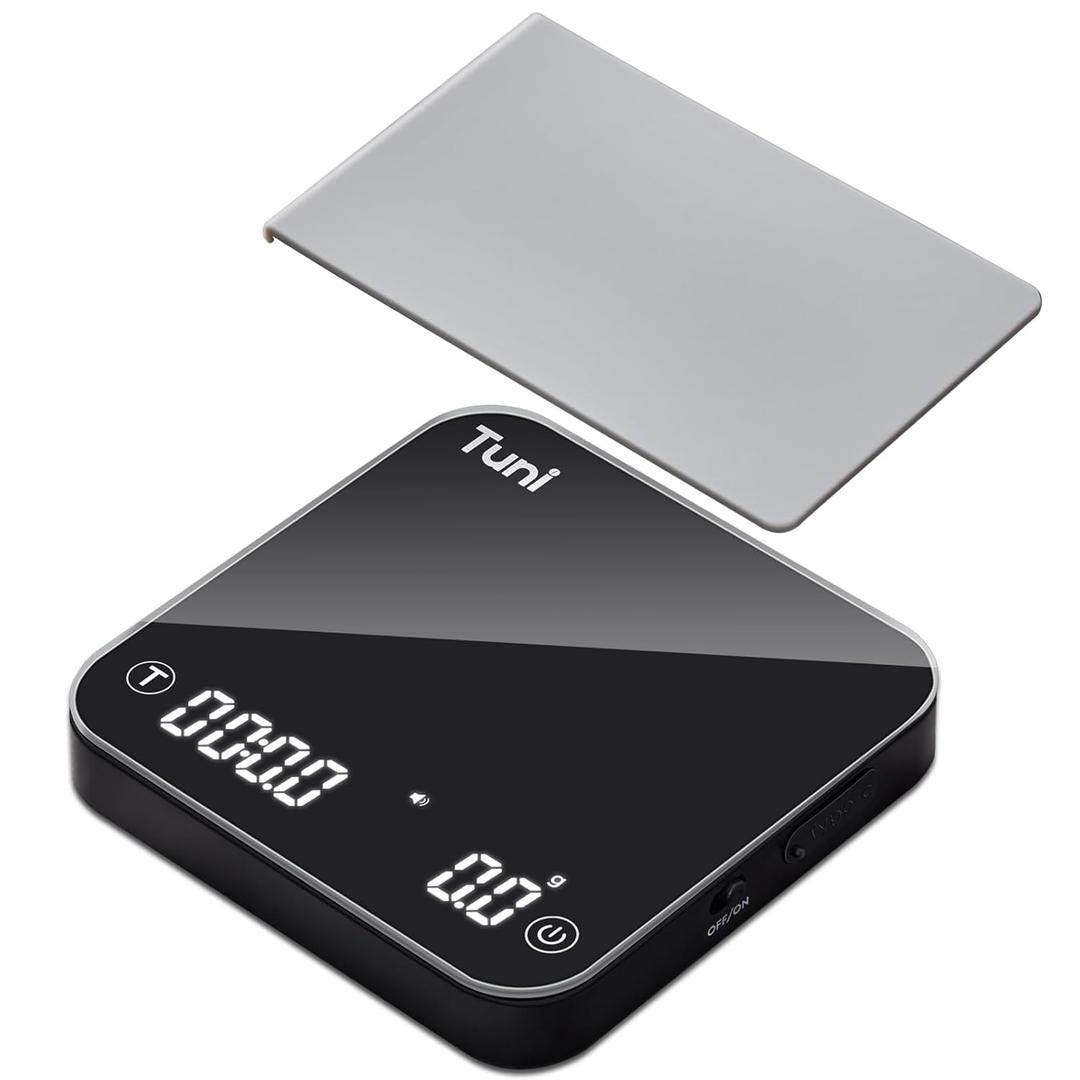Tuni S1-BP Mini Coffee Scale with Timer, Rechargeable Digital Espresso Scale with Auto Timing, 0.1g/2kg Accurate Scale for Espresso and Pour-Over Coffee (Black+Silicone Pad)