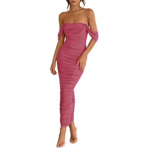 PRETTYGARDEN Womens 2025 Summer Off The Shoulder Dress Ruched Bodycon Sleeveless Split Cocktail Party Maxi Dresses (Large, Dark Pink)