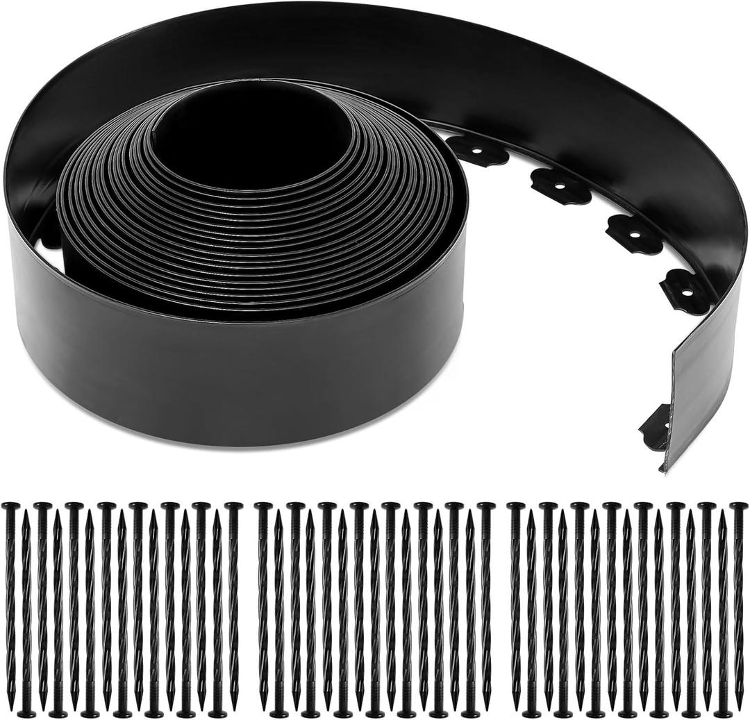 Sasylvia 5'' x 50' Landscape Edging Kit Plastic Garden Edging Border Include 45 Anchoring Spikes for Lawn Garden Grass Yard Home School, Black