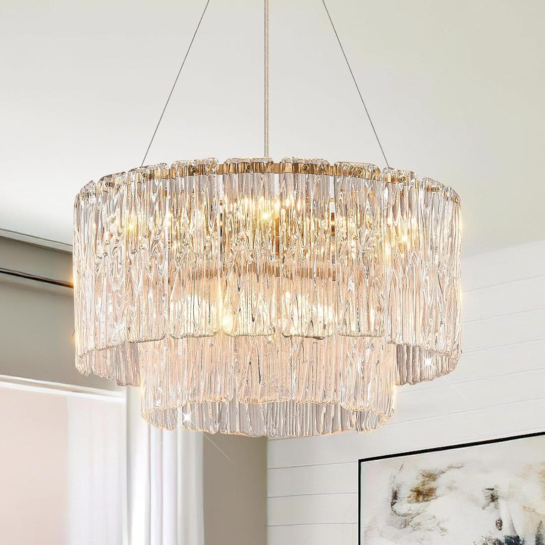 Modern Gold Chandeliers, 20 Crystal Glass Pendant Ceiling Light Fixtures 7-Light Round Chandelier Luxury 2 Tiers Hanging Chandelier for Dining Room Foyer Living Room Bedroom