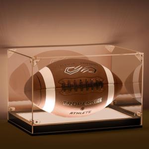 Football Display Case with LED Light, Thickened UV Protection Clear Acrylic Lid Football Holder for Full Size, Wooden Base Stand Cases for Autographed Ball and Memorial Gift