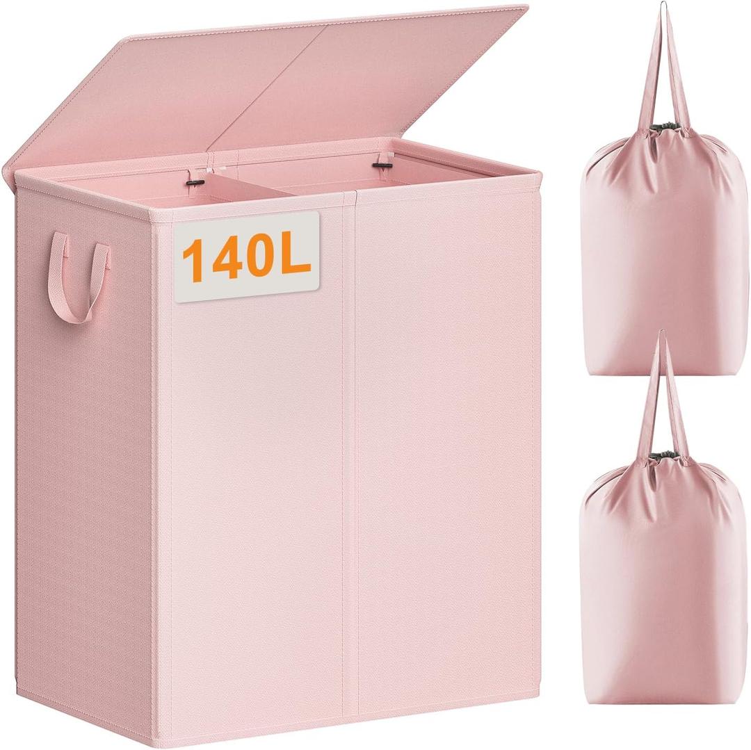 Chrislley Double Laundry Hamper with Lid, 140L Laundry Basket 2 Section
