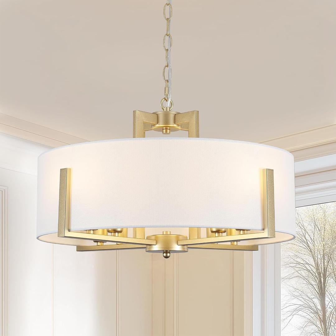 20in Gold Drum Chandelier 8-Light Modern White Fabric, Adjustable
E12 Base, Large Farmhouse Pendant Light Fixtures for Dining Room, Stylish and Functional Chandeliers for Kitchen, Living Room