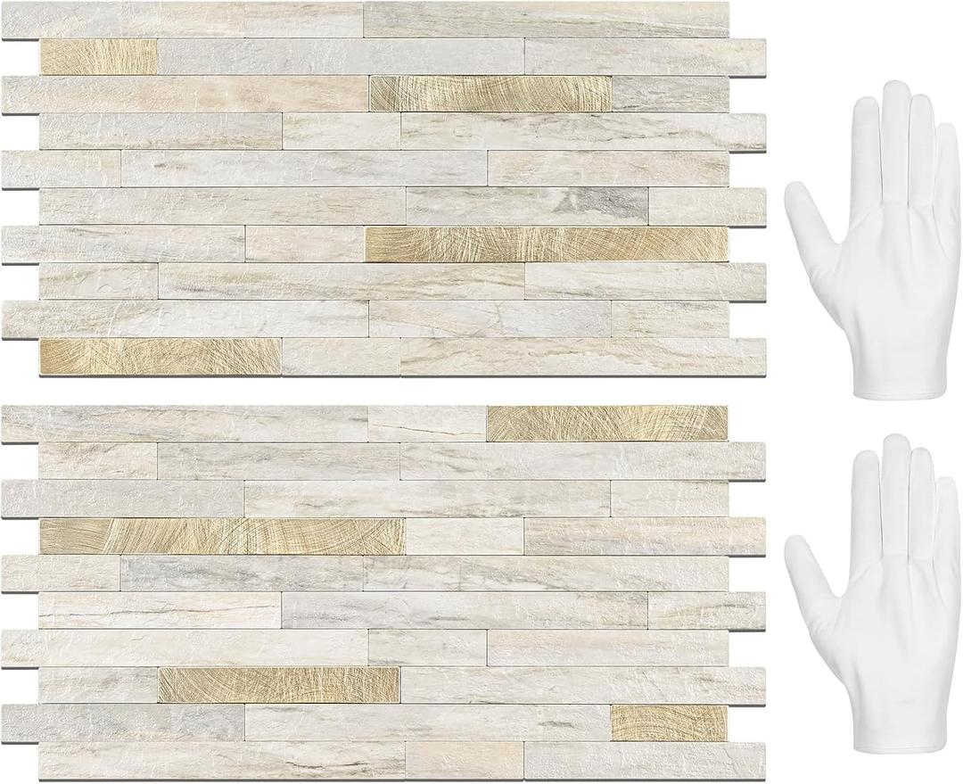 STICKGOO 20 Sheets Peel and Stick Backsplash Tile, Stick on Backsplash for Kitchen and Bathroom, Sunny Beige Look PVC Mixed Metal Gold Self Adhesive Wall Tiles
