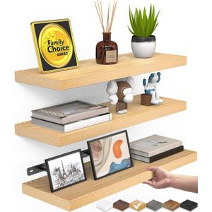 BAYKA Floating Shelves for Wall, Wall Mounted Rustic Wood Shelves for Bathroom, Bedroom, Living Room, Kitchen, Small Hanging Shelf for Books/ Storage/ Room Decor (Light Oak-Toned, Set of 3, 15.7in)