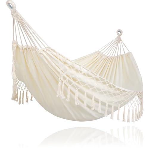 SUNCREAT Portable Camping Hammock for Outside, Heavy Duty 2 Person Hammock Bed for Tree, Beige with Tassels