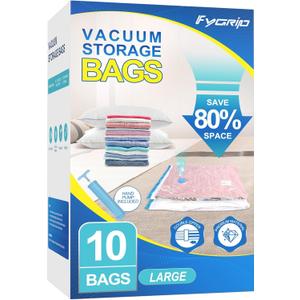 Fygrip Vacuum Storage Bags with Hand Pump, Plastic Packaging Bags, 80% Space Saver Vacuum Seal Bags for Clothing, Travel Lugggage, Blankets, Comforters, 10 Large