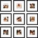 8x8 Picture Frame Set of 9, Display Pictures 4x4 with Mat or 8x8 without Mat, Multi Collage Gallery Square Photo Frames for Wall or Tabletop, Black