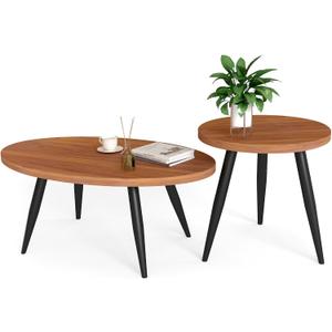 2-Piece Nesting Coffee Table Set, Oval & Round Mid-Century Modern Side Tables with MDF Tabletop & Metal Tapered Legs, Accent Table Set for Living Room, Small Spaces, Walnut, 19.6 Inches X 18.8 Inches X 19.6 Inches