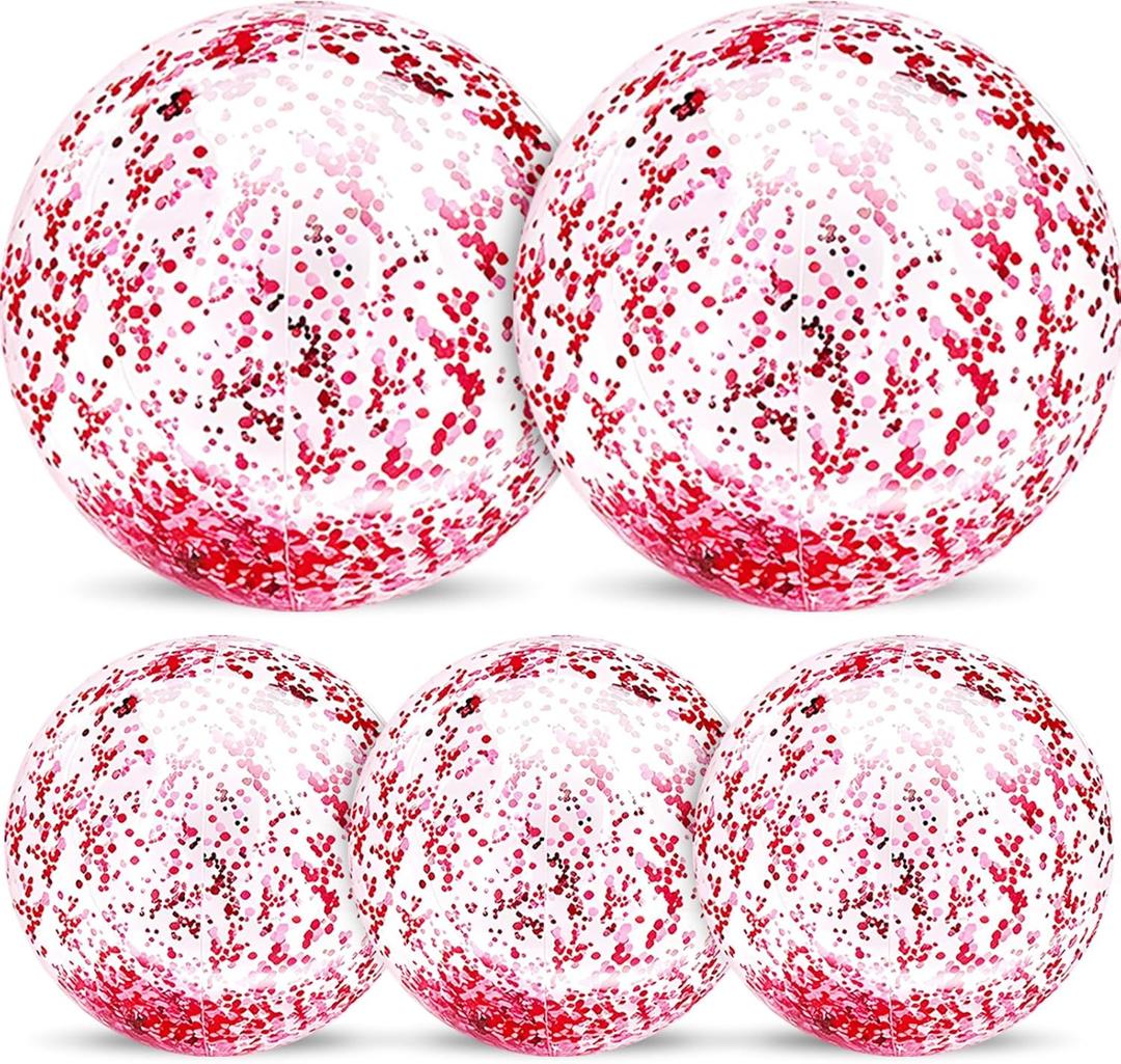 5 Pack Sequins Beach Balls 16 Inch 24 Inch, Inflatable Confetti Glitters Clear Beach Ball Swimming Pool Toy Birthday Party Supplies Pool Party Decorations Favors Gifts Water Balloons for Kids Adults