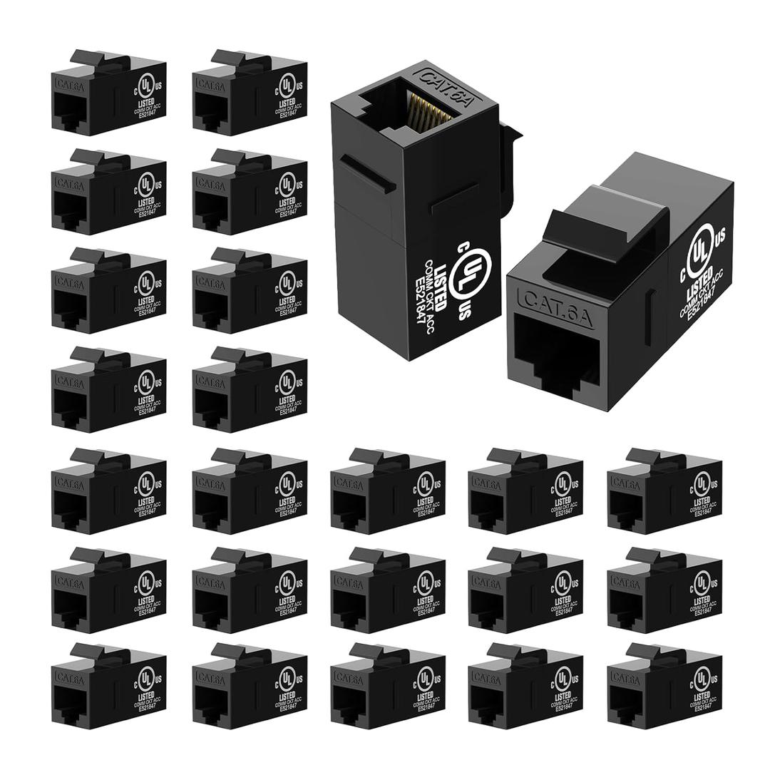 VCE UL Listed CAT 6A Keystone Coupler, UTP RJ45 Keystone Jack Female to Female, Ethernet Coupler for CAT6A/CAT6/CAT5E, Black, 25-Pack