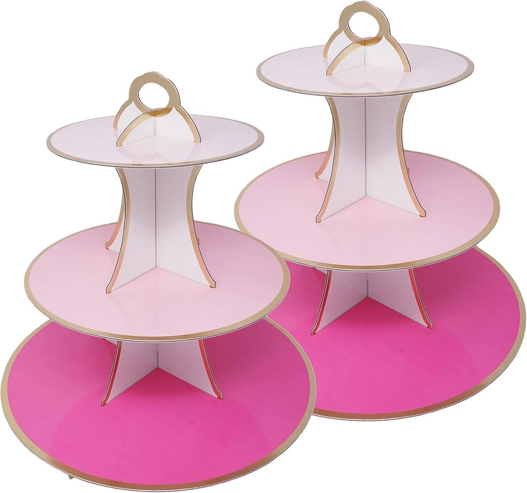 3-Tier Dessert & Cupcake Decorative Serving Tray Stand for Birthdays and All Themed Parties & Events, 2 Serving Towers Per Pack (Pink Ombre)
