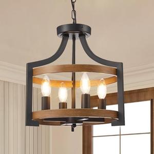 HOXIYA Farmhouse Chandelier, Convertible Semi Flush Mount Ceiling Light, 4 Light Modern Hanging Pendant Lighting, Black and Faux Wood Pendant Light Fixture for Dining Room Kitchen Hallway Bedroom