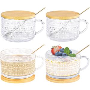 14oz Vintage Coffee Mugs Set of 4 Overnight Oats Glass Containers Cup with Handle Bamboo Lids Spoons for Coffee Latte Cereal Yogurt(Hobnail*4 with Spoon Hole Lid)