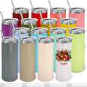 YOUKE OLA 16 Pack Stainless Steel Skinny Tumblers Bulk Straight Double Wall Powder Coated Insulated Tumbler with Lid and Straw for Laser Engrave, DIY Gift, 20oz Mix Colors