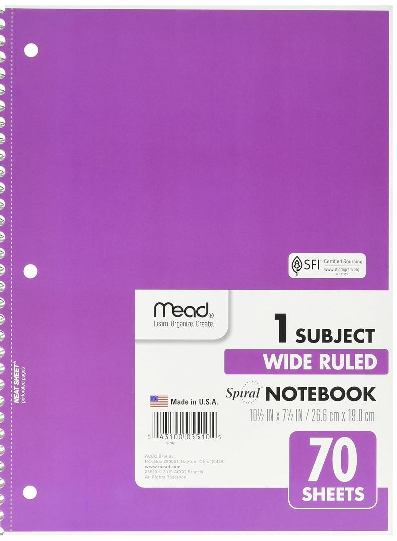 Mead Spiral 1-Subject Wide-Ruled Notebook, Color May Vary, Assorted Colors (05510) 6 Notebooks