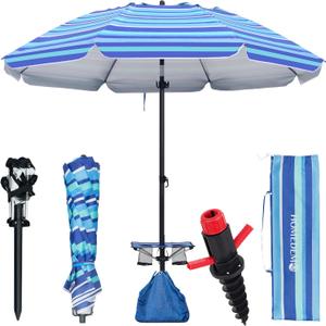 HOMEDEMO 8FT Large Beach Umbrella with Weight Bag & Sand Anchor, Outdoor Umbrellas with Adjustable Aluminum Pole and Table, Heavy Duty Windproof & UPF 50+ (Navy Blue Stripe)