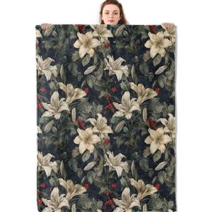 Vintage Lily Floral Blanket, Elegant Botanical Flannel Throw Blankets, 50"x60", Soft Warm Lightweight Fuzzy Cozy Throws for Couch Bed Sofa Decorative Gifts for Women Flower Lover, Black