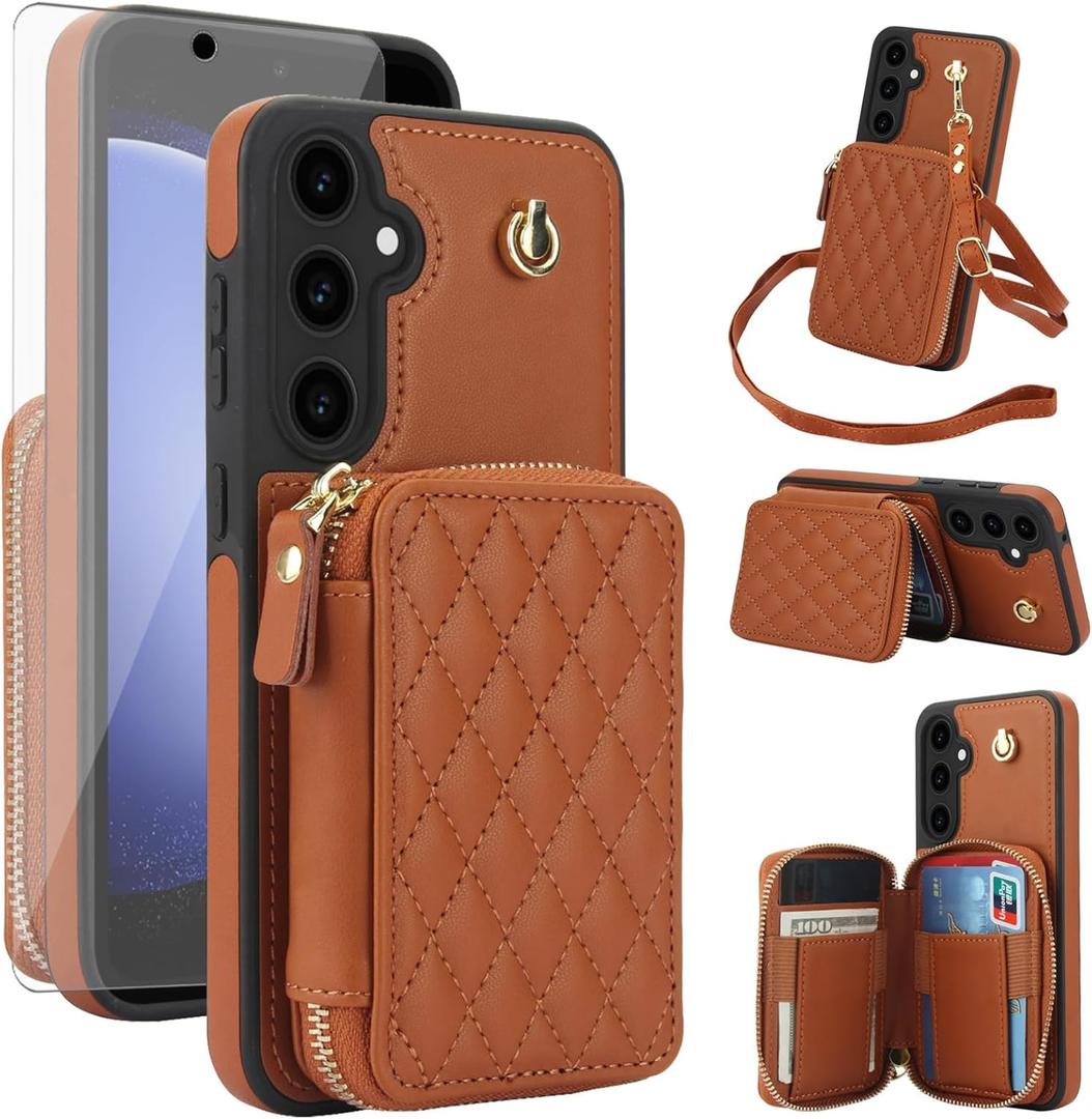 Phone Case for Samsung Galaxy S23 FE 5G Wallet Cell Cover with Tempered Glass Screen Protector Wrist Crossbody Strap Stand Lanyard RFID Blocking Credit Card Holder S 23 EF S23FE 23S Women Girls Brown