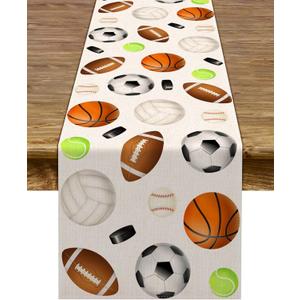 Linen Sports Ball Table Runner All Star Boy Happy Birthday Indoor Outdoor Party Table Cover Decoration Home Kitchen Dining Room 13 X 72inch