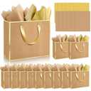 Epoesch 12 Pack Fancy Brown Gift Bags with Handles and 24 Tissue Paper, Medium Size11.8"x10"x4" Inch for Birthdays, Weddings, Party Shopping, Corporate Gifts, Easter, Mother's Day, Holiday (Kraft Gold)