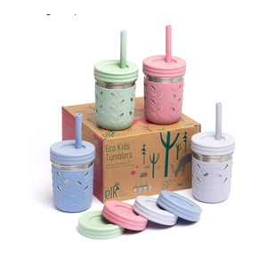 Elk and Friends 10oz Stainless Steel Kids + Toddler Drinking Cups | The Original Mason Jar with Sleeves + Lids | Silicone Straws | Smoothies | Storage Jar | Spill Resistant | Dishwasher Safe | 4 Pack