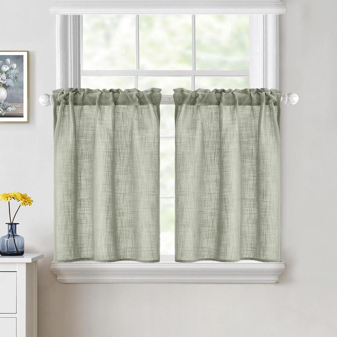 MIULEE Spring Farmhouse Short Curtains 30 Inch Length Half Window Curtain Semi Sheer Linen Drapes for Kitchen Bathroom Basement Cafe Small Window, Rod Pocket Tier Curtains 2 Panels W26XL30, Sage