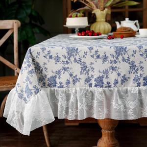 Cotton Linen Tablecloth Vintage Blue Floral Farmhouse White Lace Washable Table Cloths French Country Decor for Home Party Picnic (Blue, 60 x 120 Inches)
