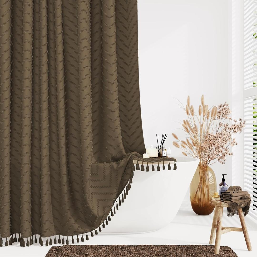 Dynamene Boho Farmhouse Shower Curtain, Brown Fabric Tufted Chevron Striped Textured Tassel Shower Curtains for Bathroom, Shabby Chic Waterproof Cloth Shower Curtain Set with Hooks, 72x72