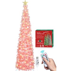 HMASYO 6 FT Pop Up Christmas Tree with 100 LED Lights & Remote, Pink Christmas Tinsel Tree, Collapsible Artificial Pencil Tree for Home Office Party Decor, USB Powered Timer Lights, Easy Assembly