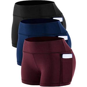 CADMUS Women's Workout Yoga Running Compression Exercise Booty Shorts with One Side Pockets,3 Pack,09,Black,Navy Blue,Wine Red,Medium