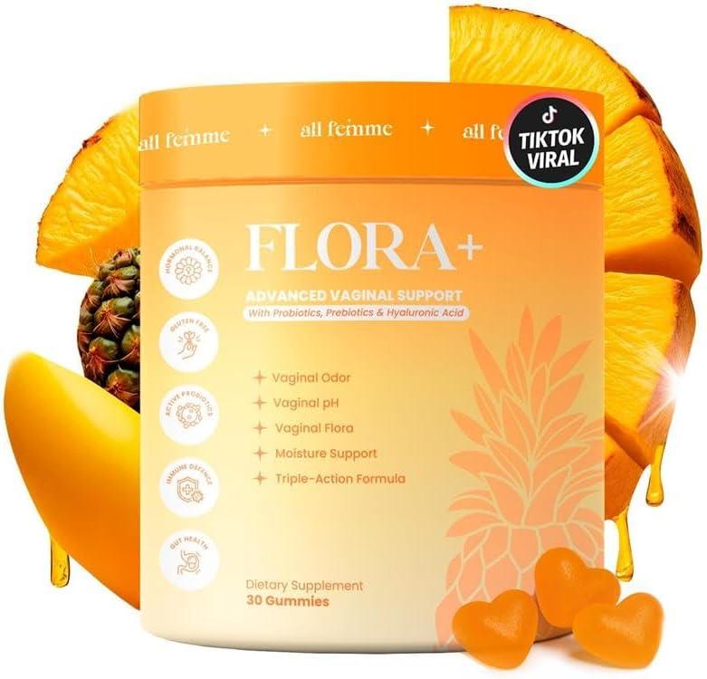 Flora+ Womens Vaginal Probiotic Gummies for pH Balance, Odor and Freshness Support with Prebiotics & Hyaluronic Acid, Sugar Free Pineapple, Vegan Non-GMO | 30 Gummies