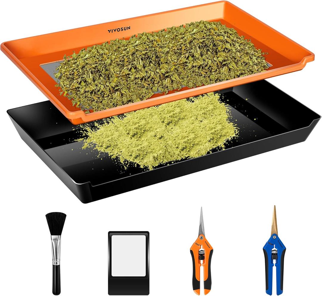 VIVOSUN Heavy Duty 2-in-1 Trimming Tray for Herbals Collecting, Dry Sift Screen Set with 150 Micron Fine Mesh Screen and 2 Trimming Scissors, Orange VIVOSUN Heavy Duty 2-in-1 Trimming Tray for Herbals Collecting, Dry Sift Screen Set with 150 Micron Fine Mesh Screen and 2 Trimming Scissors, Orange