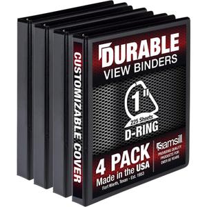 Samsill Durable 1 inch 3 Ring Binder, Made in USA, D Ring Binder, FSC 100% Recycled Chipboard, Black, 4 Pack