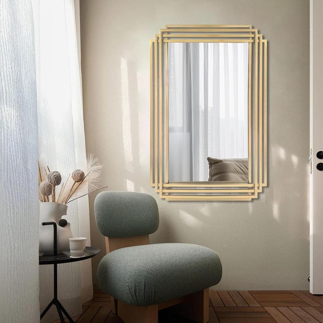 Gold Rectangle Mirror, 24"x36" Geometric Art Deco Mirror with Metal Frame, Modern Elegant Wall Mirrors for Living Room Bathroom Vanity Bedroom Entryway, Hangs Vertically or Horizontally
