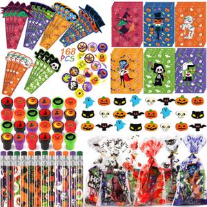168PCS Halloween Party Favors Stationery Set for Kids, Halloween Class Exchange, Goody Bag Fillers, Stationery Kit Including Pencil, Eraser, Ruler, Notepad, Stamper, Sticker for Kids Trick or Treat