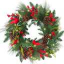 24 Inch Christmas Wreaths for Front Door, Christmas Door Wreaths with Birds,Pine Cones and Battery Operated LED Lights Large Artificial Xmas Wreath for Outdoor Holiday Decor