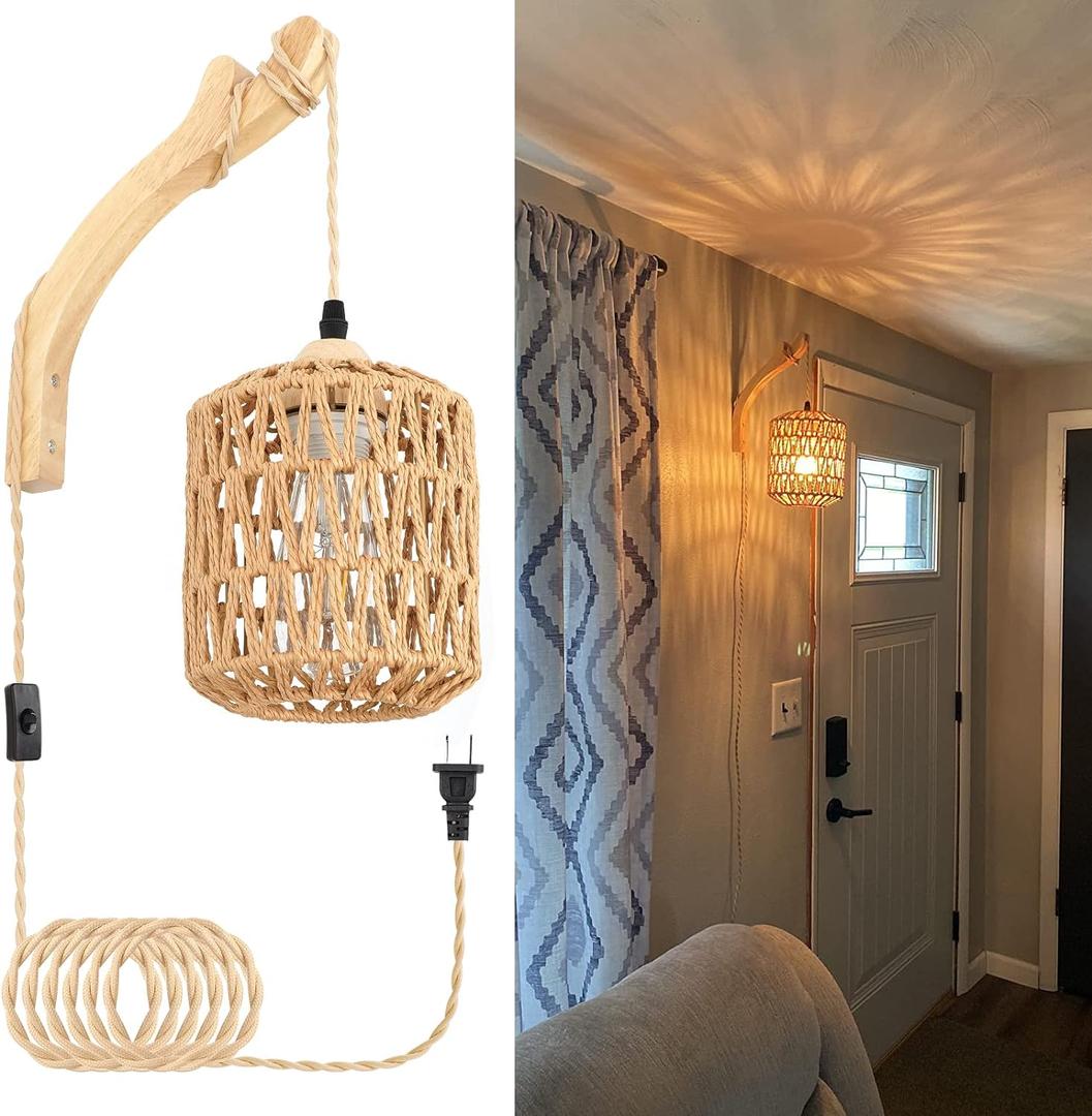Frideko Rattan Wall Lamp with Plug in Cord Hand Woven Plug in Wall Sconces Paper Rope Wall Light Farmhouse Wall Sconce Wall Mounted Light Boho Wall Sconces Wall Lighting for Bedroom Living Room (Brown)