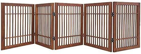 Urnporium Freestanding Wooden Dog Gate Foldable Indoor Pet Gate No Drill Expandable Barrier for Doorways Stairs Hallways Portable Wood Fence for Small Dogs & Puppies (Brown Pet Gate, 5 Panel 24" Tall)
