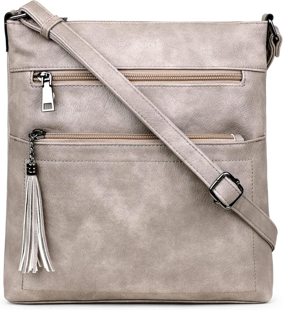 MASINTOR Crossbody Purses for Women, Multi Pocket Casual Crossbody Bag, Adjustable Strap Shoulder Bag with Tassel, Vintage Grey