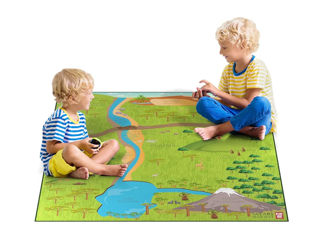 Safari Play Mat for Toy Animals | Foldable Solution |Large Size 57” x 57” | All Safari Animals | African Jungle Serengeti | Child Activity Mat | by Play Mat Factory