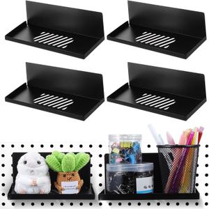 4 Pack Magnetic Pegboard Shelves Wall Organizer Metal Pegboard Shelf Steel Tray Accessories Organizing Tools for Craft Home Kitchen (7.7 x 4.7 x 3.5 Inches, Black)