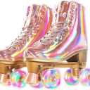 JajaHoho Roller Skates for Women, Holographic High Top PU Leather Rollerskates, Shiny Double-Row Four Wheels Quad Skates for Girls and Age 8-50 Indoor (Pink Rose Gold)